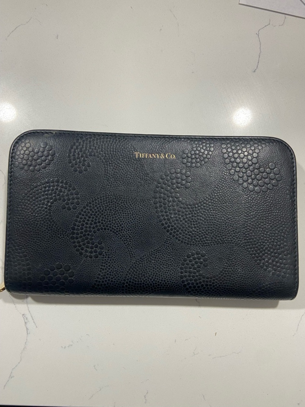 Tiffany & Co. Black Embossed Zip Wallet with Gold Logo